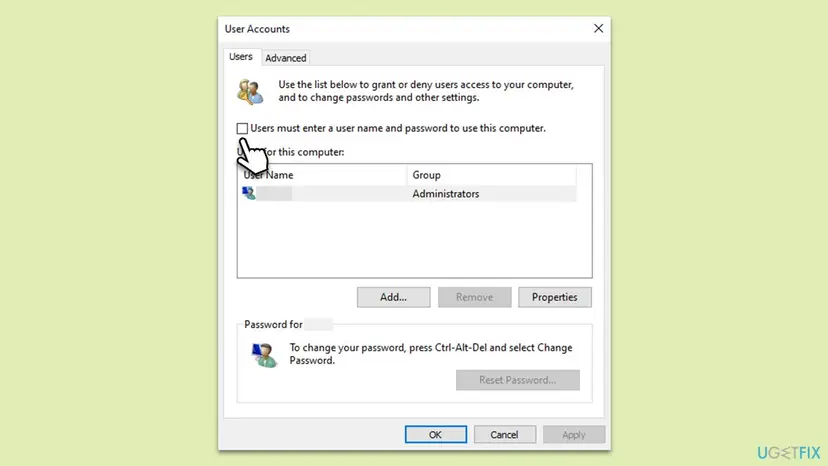 User Accounts window opened with netplwiz showing the Users tab, the user list with a Group column reading Administrators and the Properties button