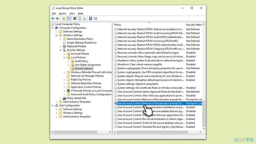 Local Group Policy Editor at Security Options with the User Account Control behavior of the elevation prompt policy selected, set to Prompt for credentials