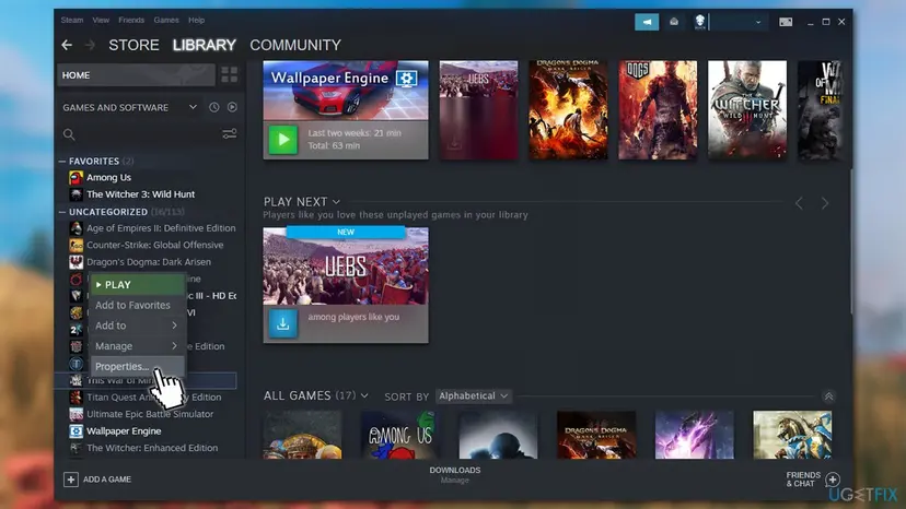 Steam library with the right-click menu of a game and the Properties entry selected