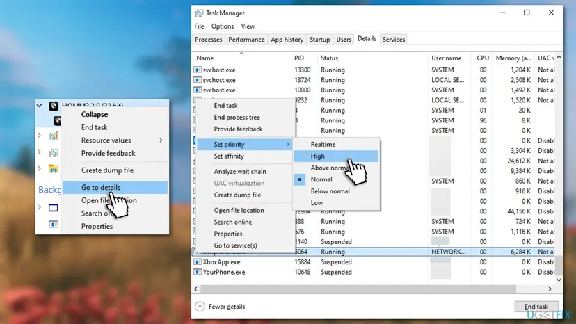 Task Manager with the Go to details entry and the Set priority menu with High on the valheim.exe process