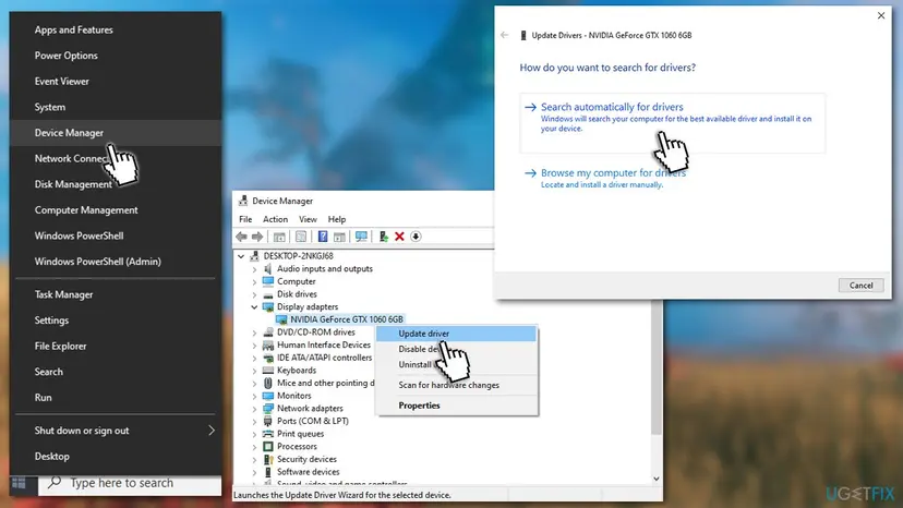 Device Manager and the Update Drivers window with the option to search automatically for drivers, used when Valheim crashes after a graphics driver problem