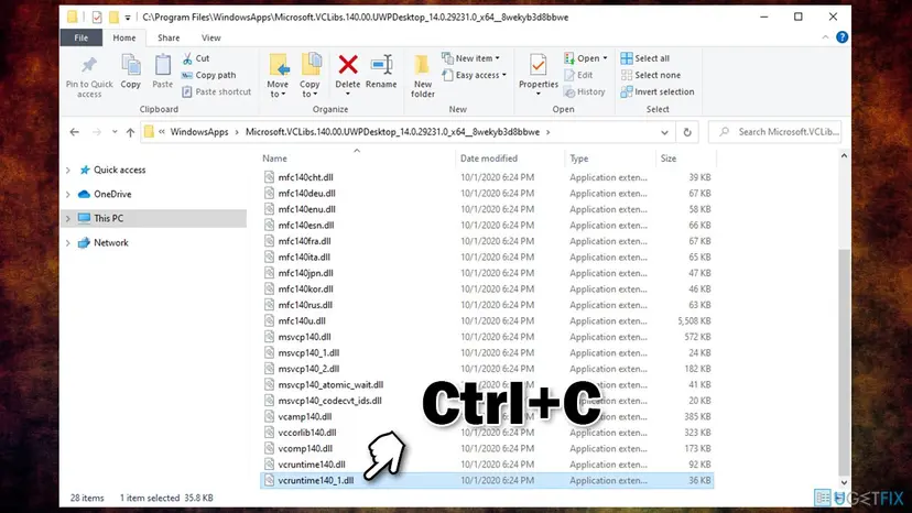 File Explorer in the WindowsApps folder Microsoft.VCLibs.140.00.UWPDesktop version 14.0.29231.0 with vcruntime140_1.dll selected, size 36 KB, dated 2020