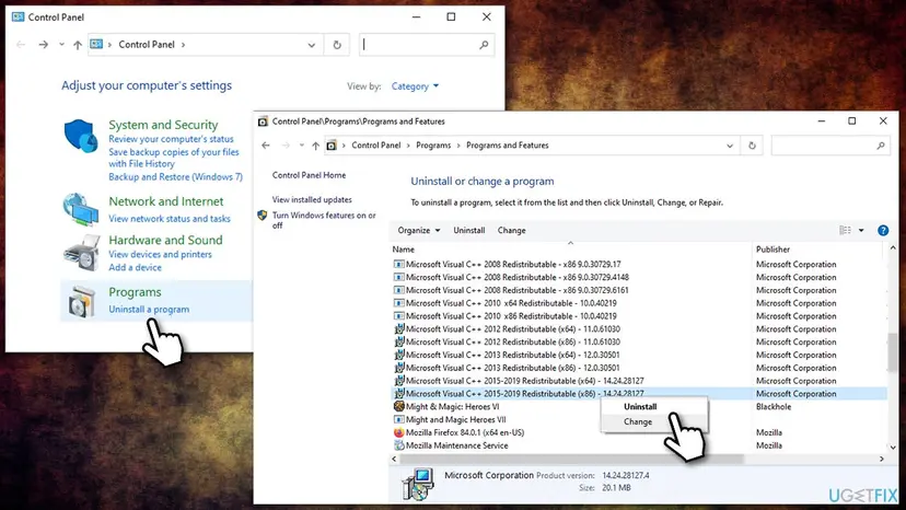 Control Panel Programs and Features on Windows 10 with Visual C++ entries from 2008 to 2015-2019 in x64 and x86 pairs and a right-click menu with Uninstall and Change