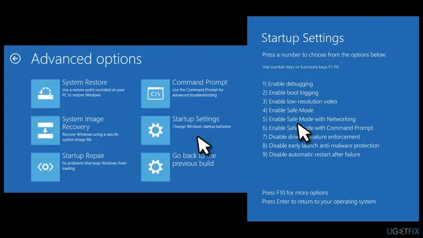 Advanced options with Startup Settings selected, and the Startup Settings list where 4 enables Safe Mode