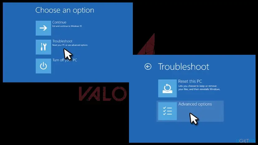Windows recovery screens Choose an option with Troubleshoot selected, then Troubleshoot with Advanced options selected