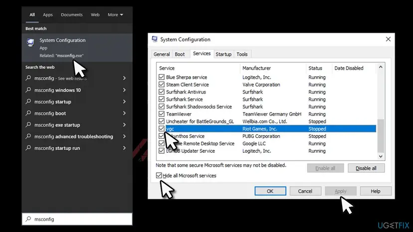 System Configuration Services tab with Hide all Microsoft services ticked and the vgc service by Riot Games, Inc. selected
