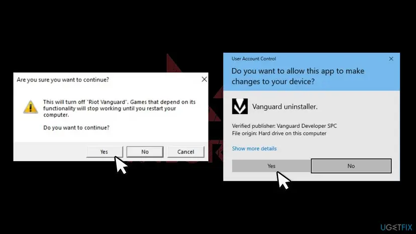 Riot Vanguard warning that turning it off stops games until restart, and the User Account Control prompt for the Vanguard uninstaller