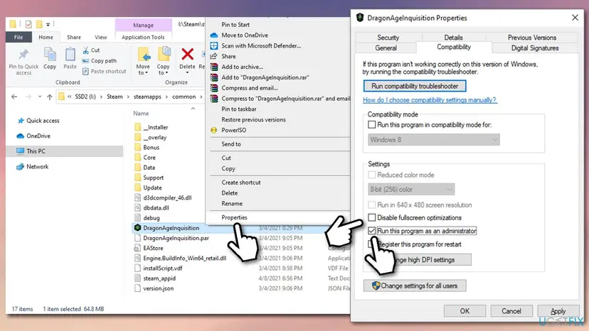 Properties window of a game file on the Compatibility tab with Disable fullscreen optimizations and Run this program as an administrator check boxes