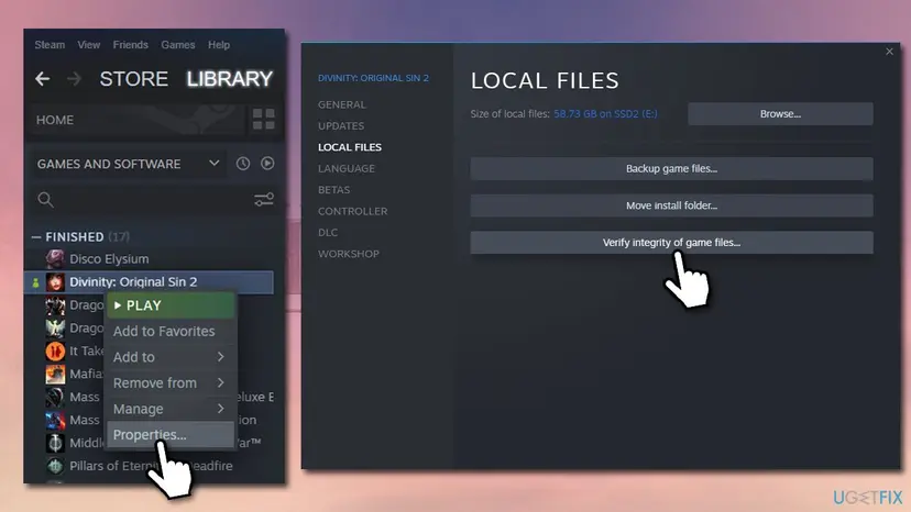 Steam library with the Properties menu of a game and the Local Files page showing the Verify integrity of game files button