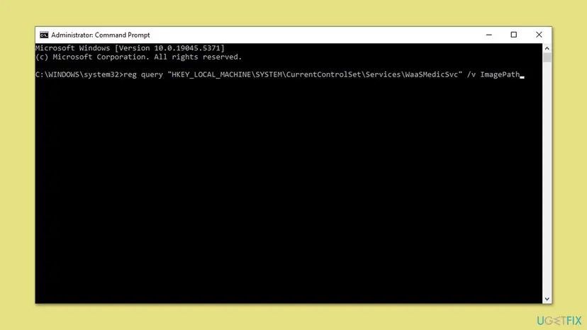 Administrator Command Prompt on Windows 10 build 19045 with the command reg query for the WaaSMedicSvc key and the ImagePath value typed in