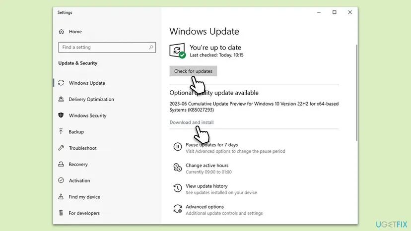 Windows 10 Windows Update page with Check for updates selected and an optional cumulative update preview offered with a Download and install link