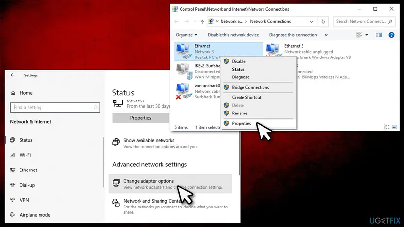 Windows 10 Network Connections window with the right-click menu of the Ethernet adapter open and Properties highlighted
