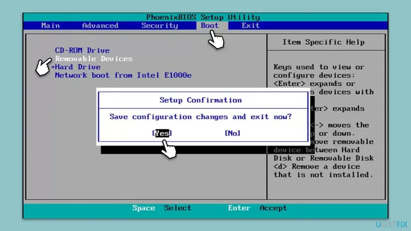 PhoenixBIOS Setup Utility Boot tab with Removable Devices moved above Hard Drive and the Save configuration changes and exit now confirmation
