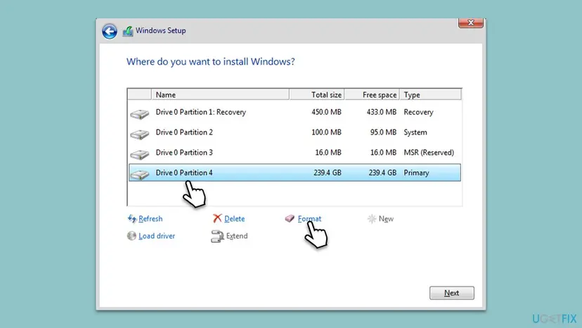 Windows Setup screen Where do you want to install Windows? listing Drive 0 Recovery, System, MSR and Primary partitions with the Delete, Format and New buttons below