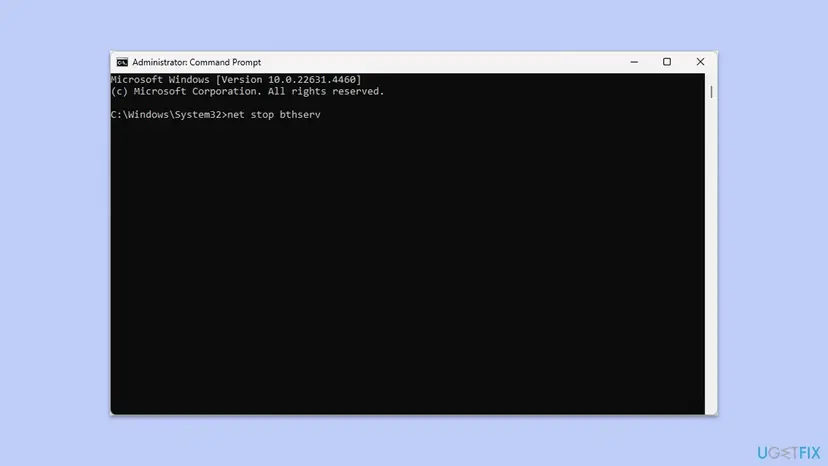 Administrator Command Prompt on Windows 11 with the command net stop bthserv typed to stop the Bluetooth Support Service before starting it again