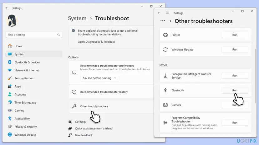 Windows 11 Settings at System, Troubleshoot with Other troubleshooters selected, and the Other troubleshooters list with Run next to Bluetooth highlighted