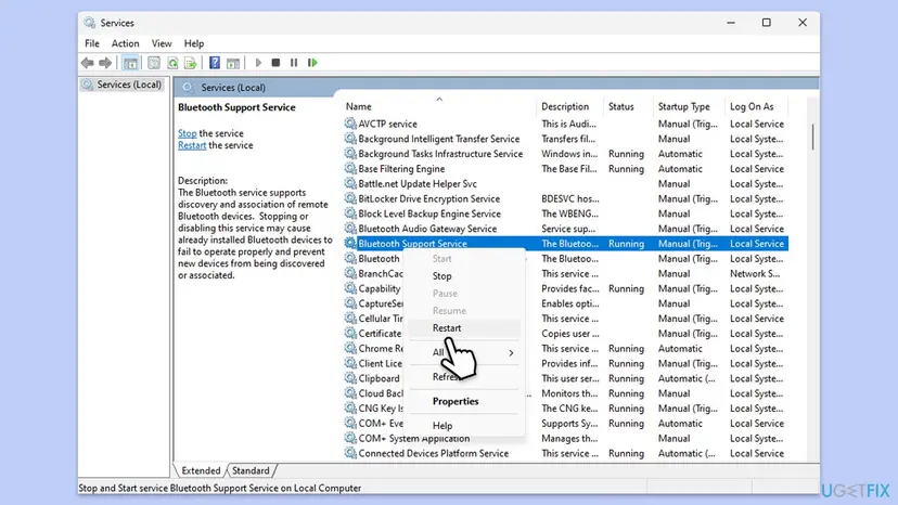 Services window with Bluetooth Support Service selected, Restart chosen in its right-click menu, and its description about discovery and association of Bluetooth devices