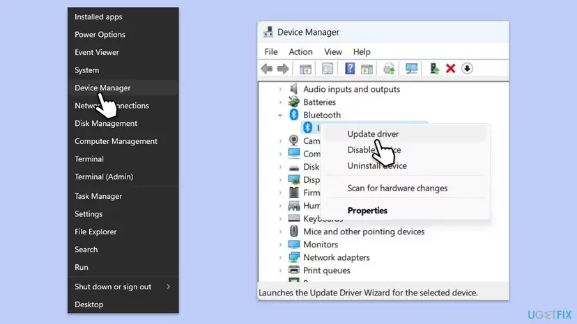 Windows 11 Start button menu with Device Manager selected and Device Manager with the Bluetooth adapter right-clicked and Update driver highlighted