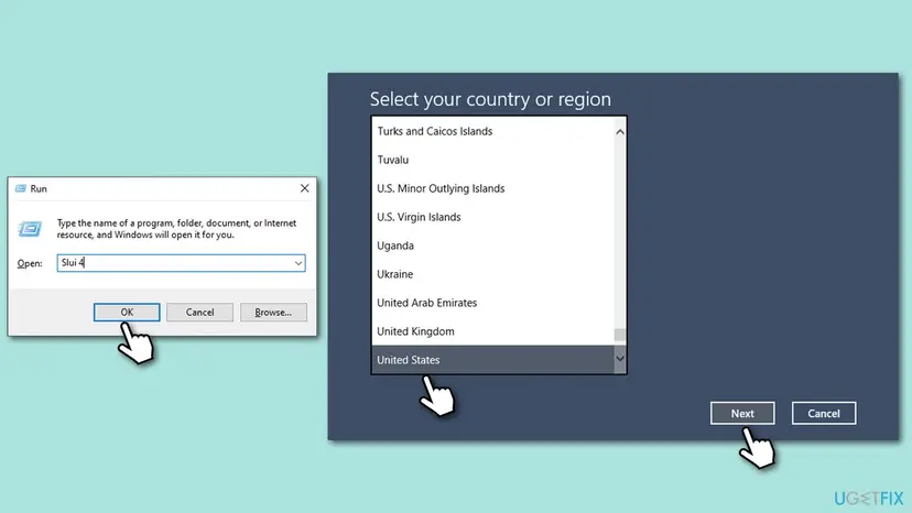 Run dialog with slui 4 typed and the phone activation window asking to select your country or region