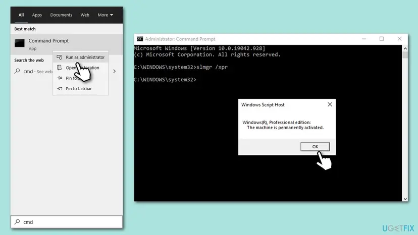 Administrator Command Prompt after the slmgr command with a Windows Script Host box saying the machine is permanently activated