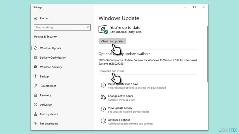 Windows Update settings page with the Check for updates button and the optional updates download link