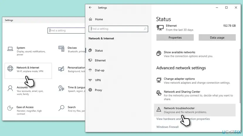 Windows Settings Network and Internet status page with the Network troubleshooter option marked