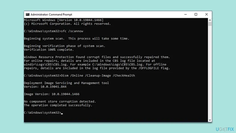 Administrator Command Prompt window running sfc /scannow and the DISM CheckHealth command