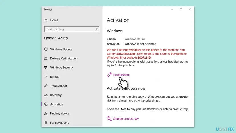 Windows 10 Settings Activation page with an activation error message and the Troubleshoot link under it selected