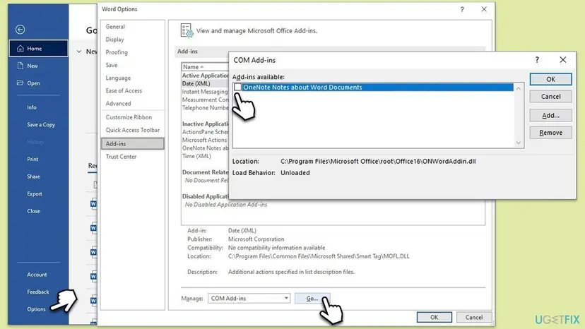 Word Options on the Add-ins page with Manage set to COM Add-ins and the COM Add-ins window open showing an add-in check box being cleared