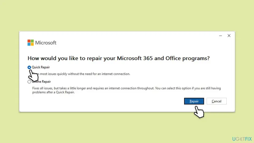 Microsoft window How would you like to repair your Microsoft 365 and Office programs with Quick Repair selected, Online Repair below it and the Repair button