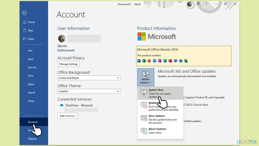 Word Account page with Product Information, the Update Options menu open and Update Now Check for and apply updates highlighted