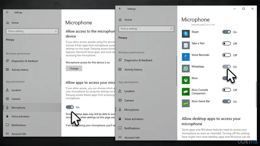 Windows 10 Settings, Privacy, Microphone page with Allow apps to access your microphone set to On and, in the list of Microsoft Store apps, the WhatsApp switch set to On