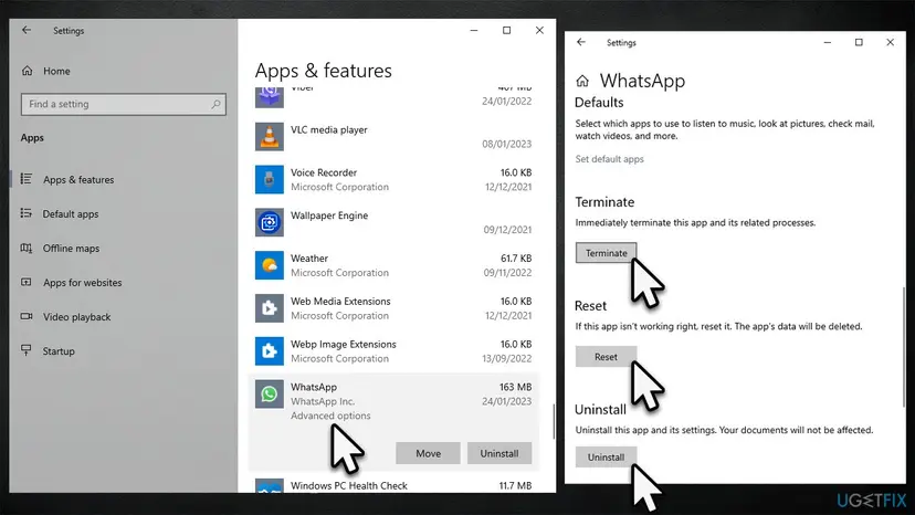 Windows 10 Settings, Apps and features with WhatsApp selected and its Advanced options link, next to the WhatsApp advanced options page with the buttons Terminate, Reset and Uninstall