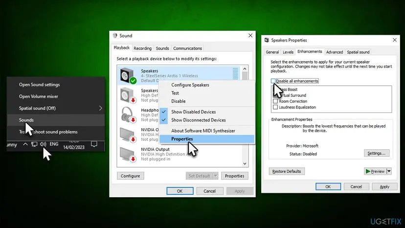 Windows 10 Sound window with the Playback tab, the speakers context menu with Properties, and the Speakers Properties Enhancements tab with the Disable all enhancements box