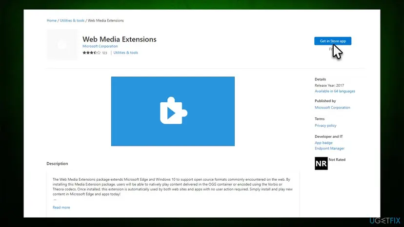 Microsoft Store web page of Web Media Extensions by Microsoft Corporation with the Get in Store app button and the description about OGG, Vorbis and Theora