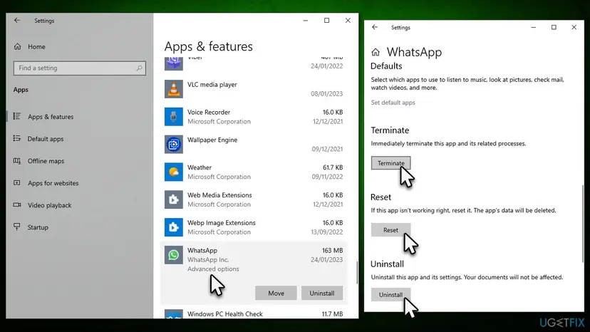 Windows 10 Apps and features list with WhatsApp selected and its Advanced options link, next to the WhatsApp page with the Terminate, Reset and Uninstall buttons