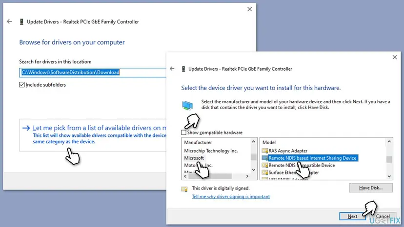 Update Drivers window with Show compatible hardware cleared, Microsoft as manufacturer and the Remote NDIS models in the Model list