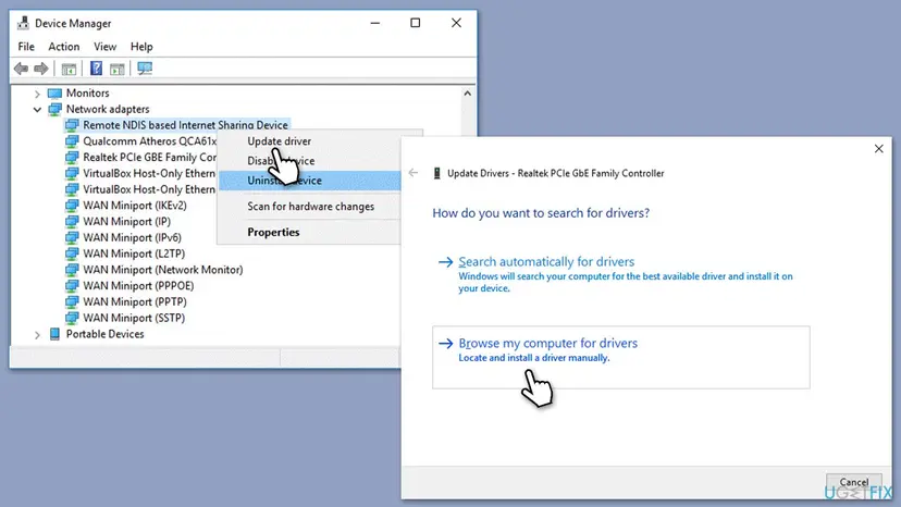 Device Manager with Remote NDIS based Internet Sharing Device under Network adapters and the Update driver window offering Browse my computer for drivers