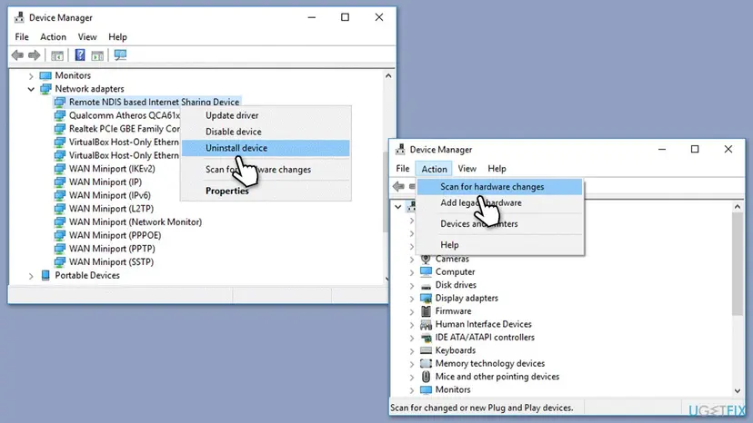 Device Manager with Uninstall device chosen on the Remote NDIS adapter and the Action menu open on Scan for hardware changes