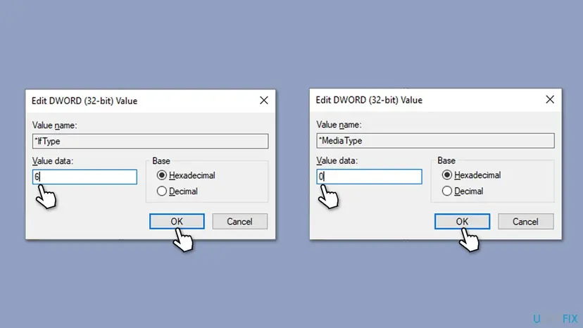 Two Edit DWORD (32-bit) Value windows setting *IfType to 6 and *MediaType to 0 with Hexadecimal selected