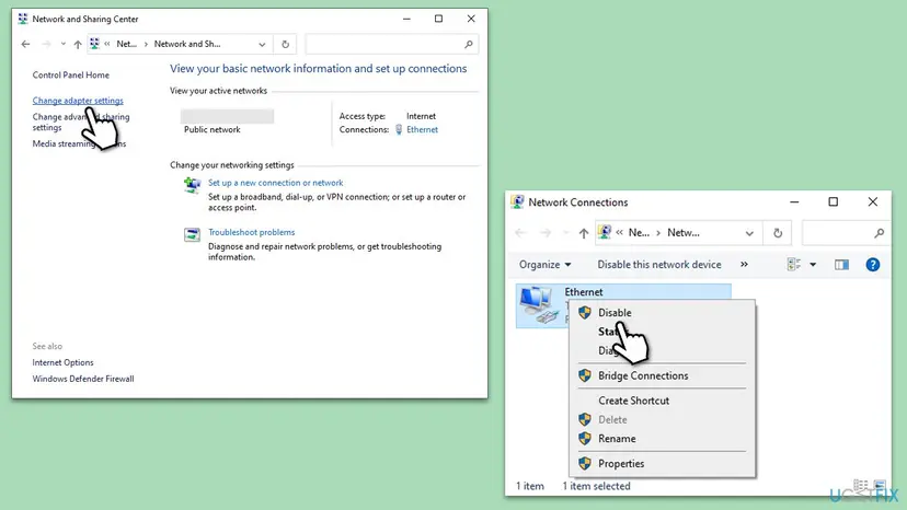 Network and Sharing Center with Change adapter settings, and the Network Connections window with the right-click menu showing Disable