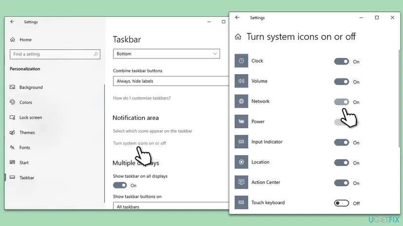Windows 10 Taskbar settings with the Turn system icons on or off link, and the next page with the Network switch being set to On