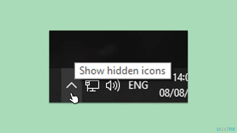 Windows 10 taskbar corner with the mouse on the up arrow labelled Show hidden icons, next to the network and volume icons