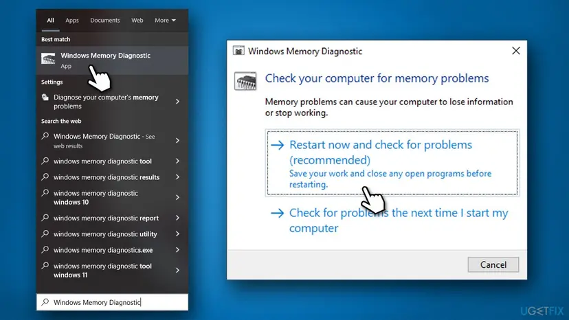 Windows search showing Windows Memory Diagnostic and its dialog with Restart now and check for problems (recommended) selected