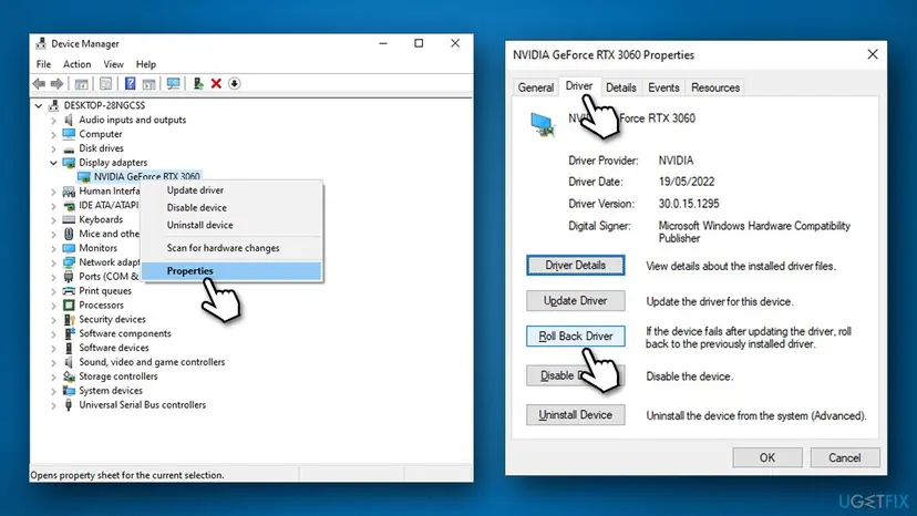 Device Manager with Display adapters expanded and the graphics card Properties open on the Driver tab, pointing at Roll Back Driver