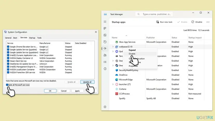 System Configuration on the Services tab with Hide all Microsoft services ticked and Disable all, next to Task Manager Startup apps with Disable selected for one entry