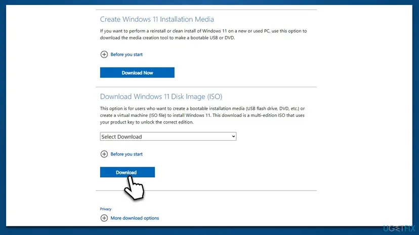 Microsoft's Download Windows 11 page with the Download Windows 11 Disk Image (ISO) section, the Select Download menu and the Download button