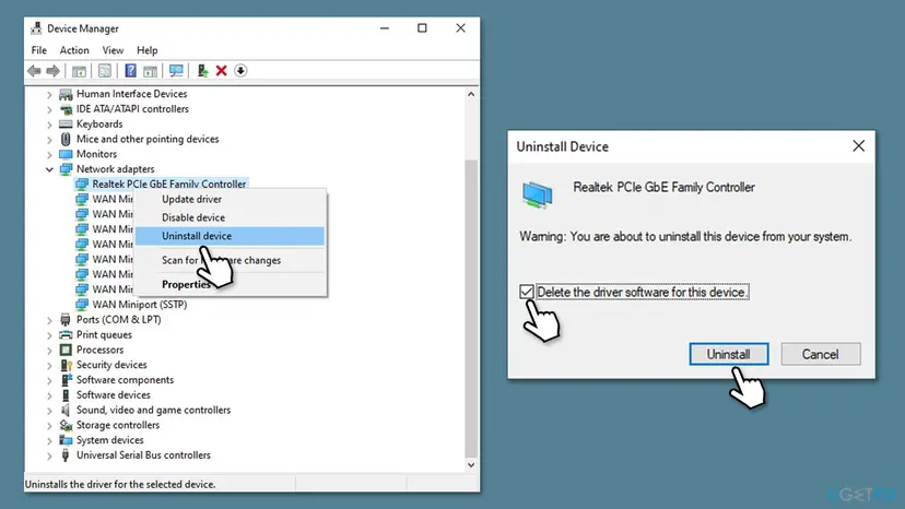 Device Manager with Uninstall device chosen for a Realtek PCIe GbE Family Controller and the Uninstall Device dialog with Delete the driver software for this device ticked