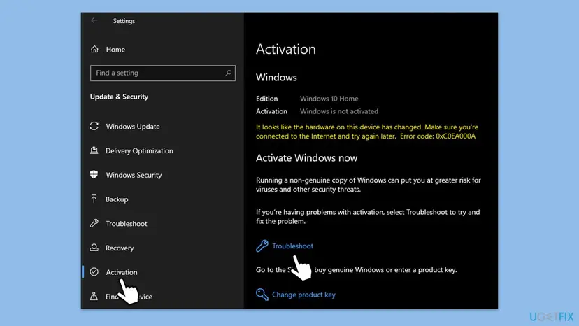 Windows 10 Settings, Update and Security, Activation page with Windows not activated, an error text in yellow, and the Troubleshoot and Change product key links
