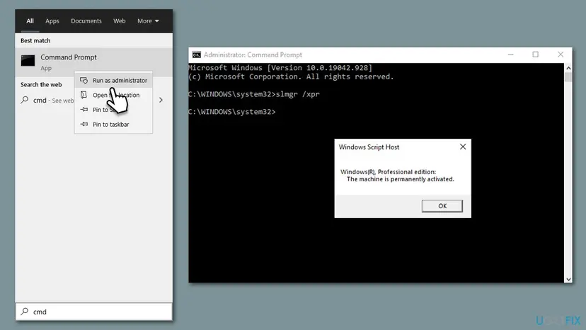 Windows 10 search with Command Prompt and Run as administrator selected, next to an Administrator Command Prompt with a Windows Script Host box from slmgr